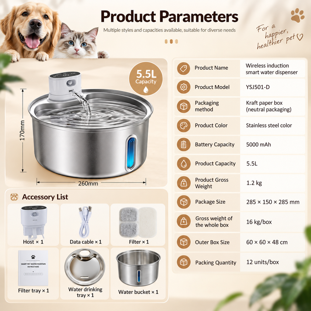 PureFlow™ Wireless Pet Water Fountain – Stainless Steel